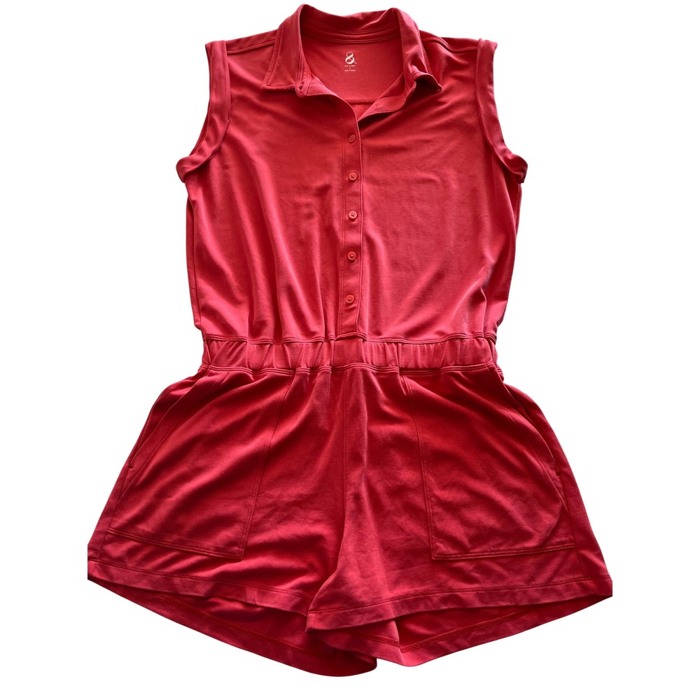 Lou & Grey Womens Red Sleeveless Polo Romper Button Front Pockets Size S